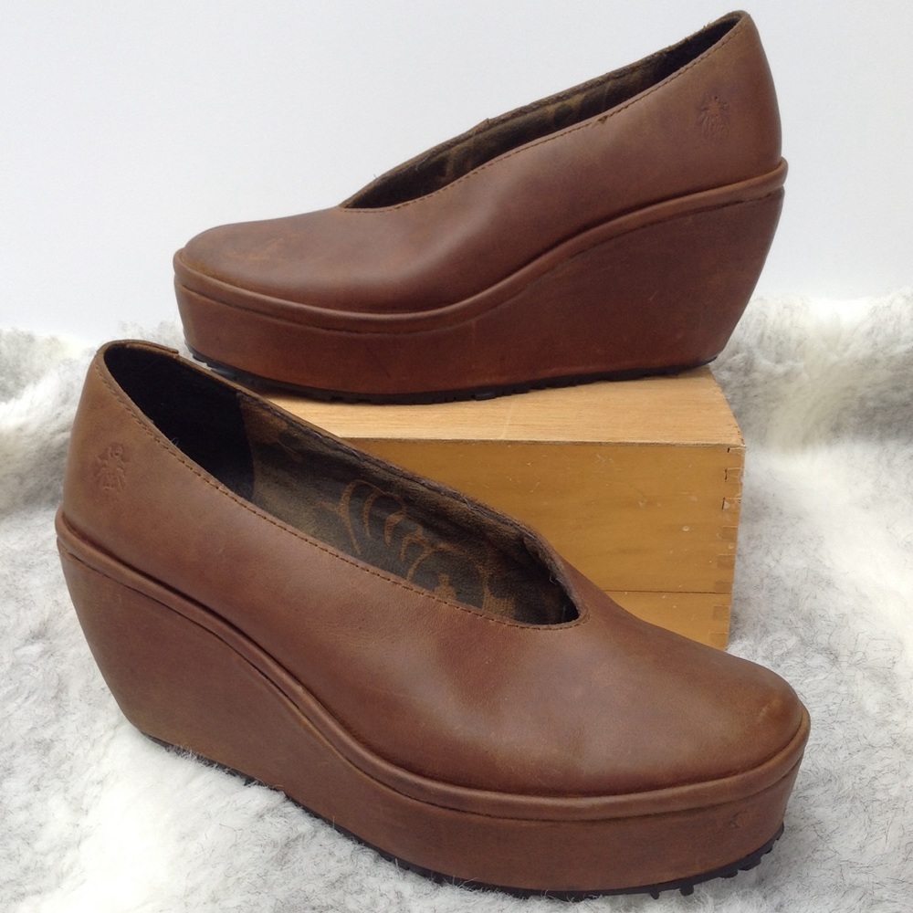 Fly London Yaz brown leather platform wedge pump